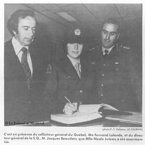Assermentation de l’agente Nicole Juteau, 1975