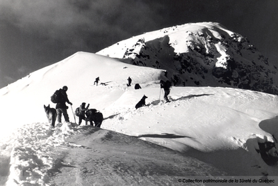 Recherches en montagne, équipe cynophile, vers 1980